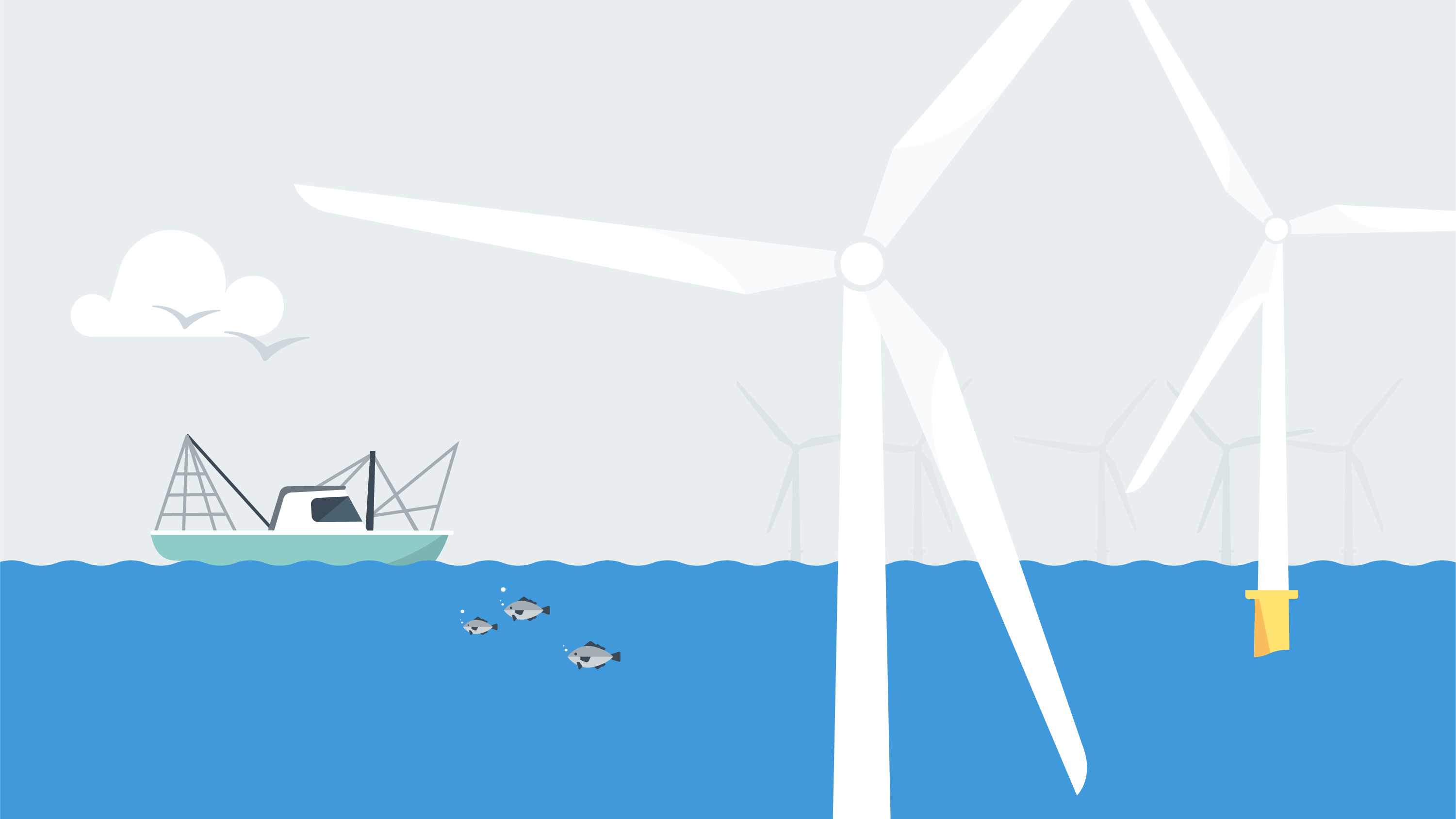 A fishing boat and fish pass by offshore wind turbines, showing how offshore wind can coexist with commercial fishing.