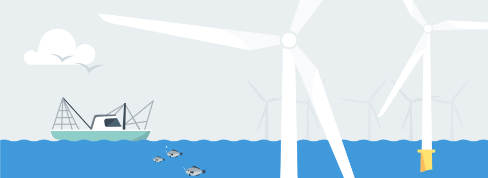 A fishing boat and fish pass by offshore wind turbines, showing how offshore wind can coexist with commercial fishing.