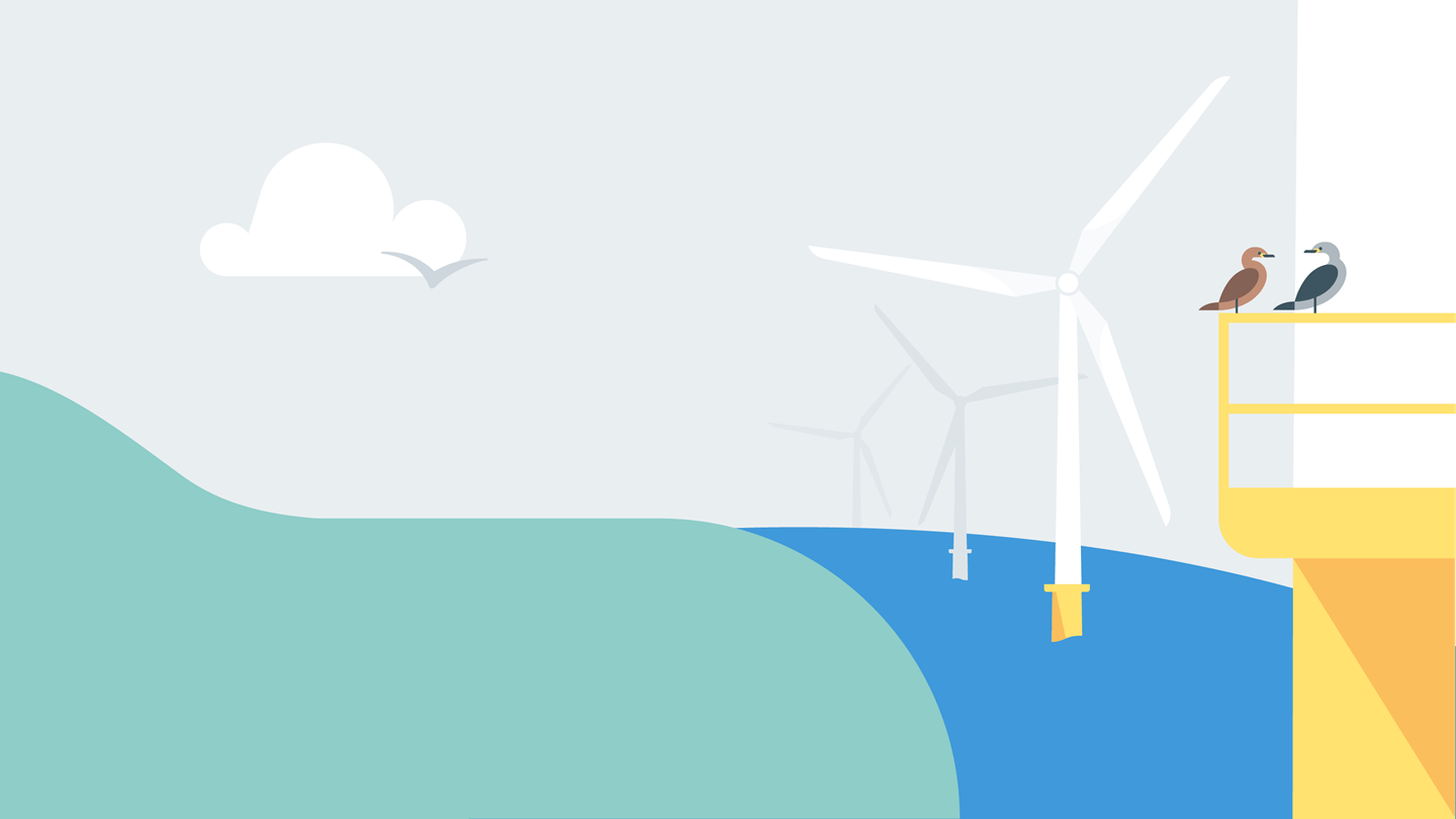 Illustration of offshore wind turbines by the shore, part of Ørsted Americas seven facts about offshore wind series.