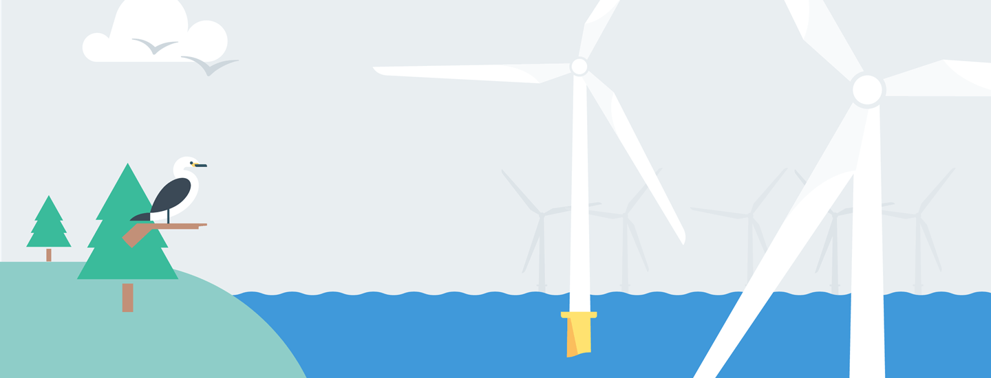 A bird resting on a tree branch facing offshore wind turbines shows how seabirds can coexist safely with offshore wind.