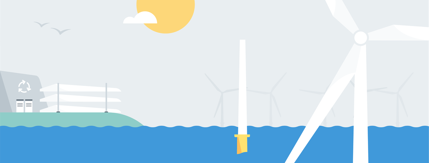 Illustration of wind turbine blades on shore and an offshore wind turbine at sea shows how turbines can be recycled. 