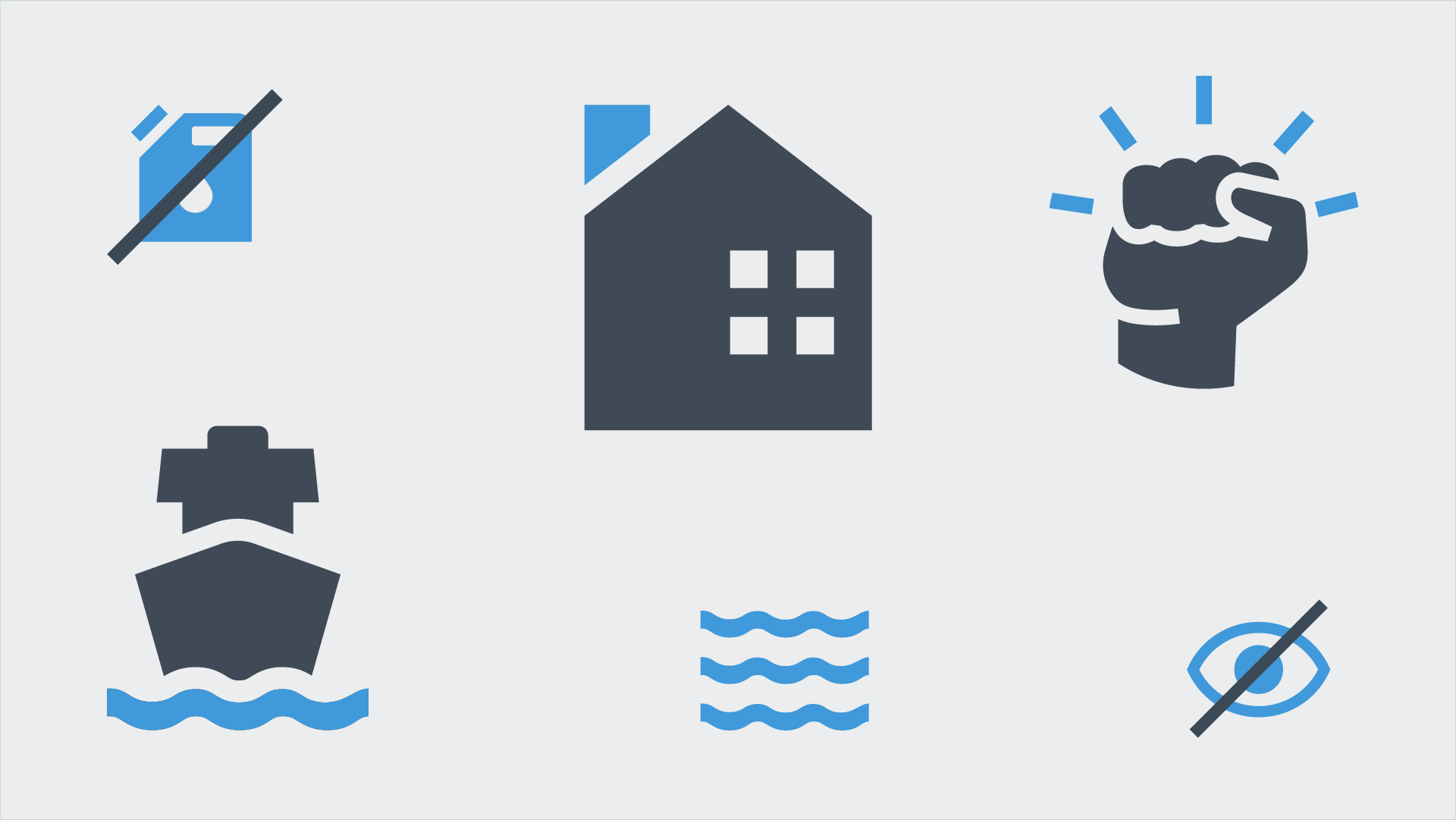Pictograms of water, a ship, a house, gas, a fist, and an eye show the benefits of offshore wind in the energy transition.