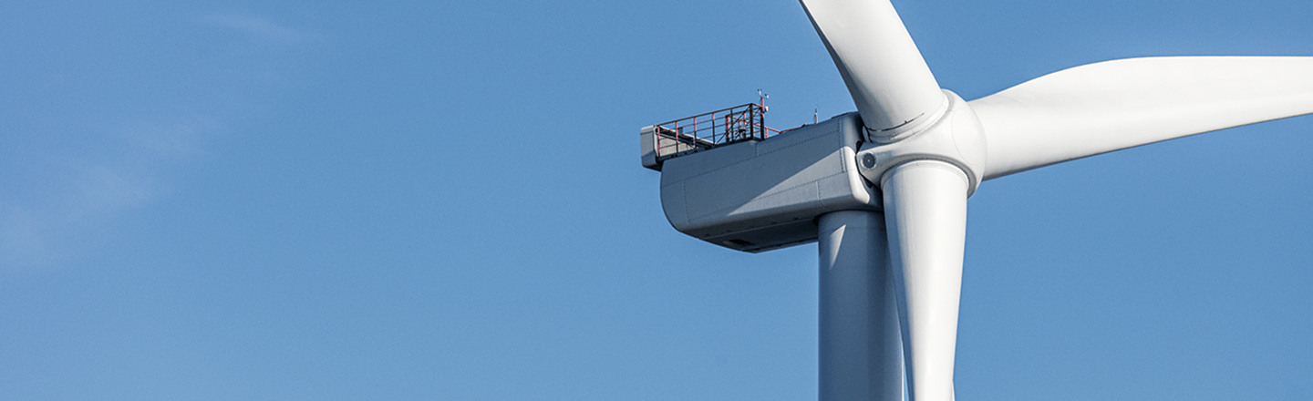 A close-up view of an Ørsted offshore wind turbine, which captures wind at sea to produce clean, reliable electricity. 