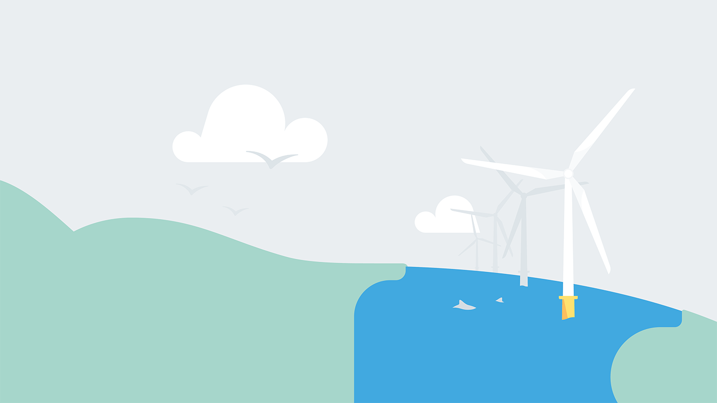 A row of wind turbines standing next to the shoreline with birds flying next to them.