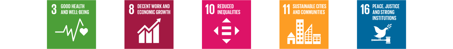 SDG 3: Good health and well-being, 8: Decent work and economic growth, 10: Reduced inequalities, 11: Sustainable cities and communities & 16: Peace, justice and strong institutions